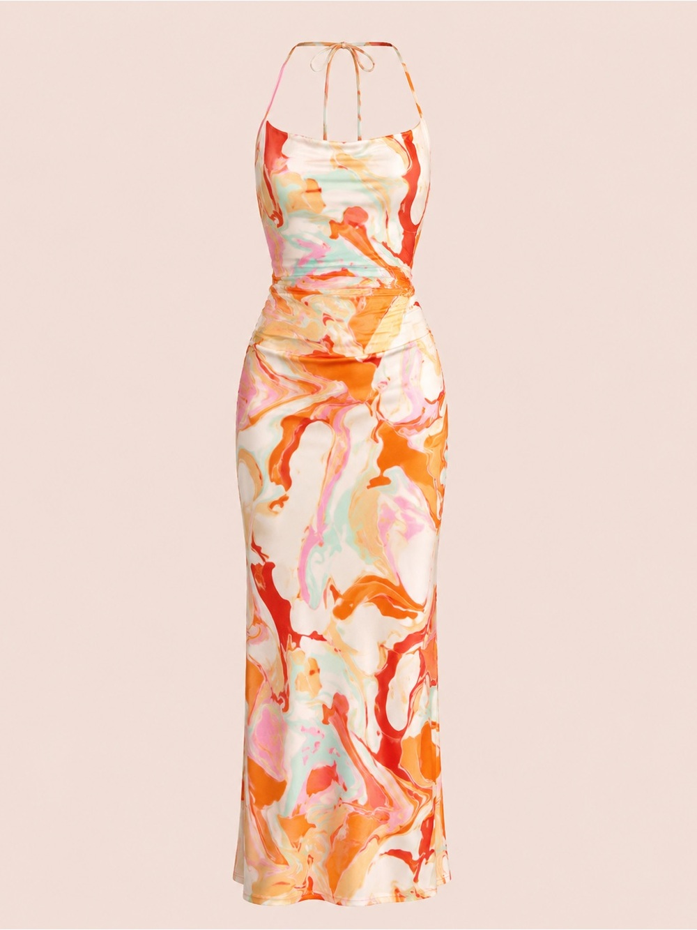 Tropical Swirl Maxi Dress – Multicolor Marble Print, Adjustable Tie Back